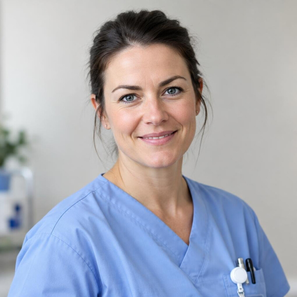 Portrait of a Danish nurse in scrubs
