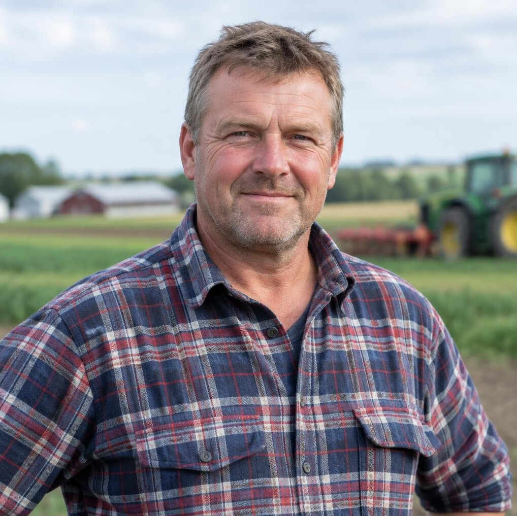 Portrait of a Danish farmer in front of fields