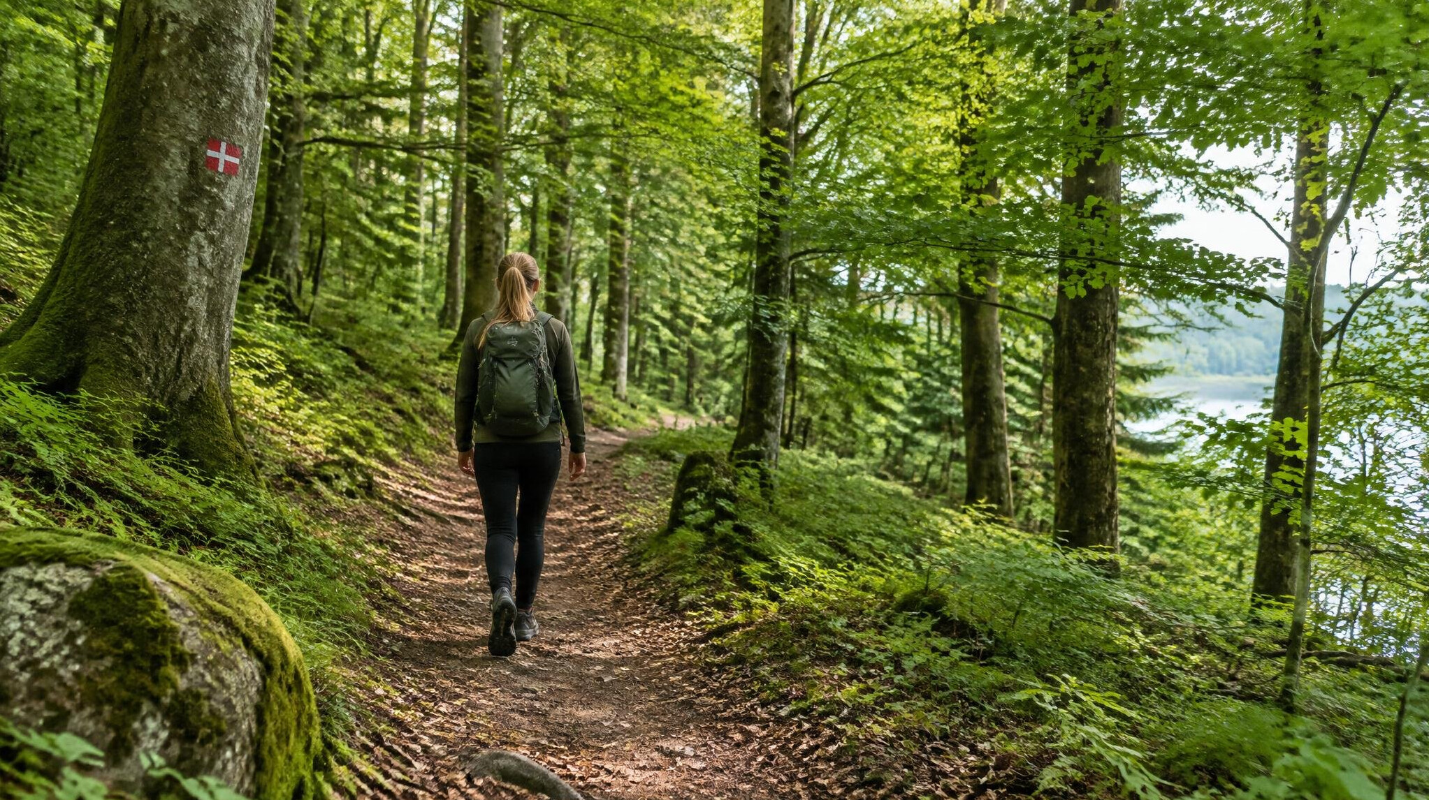 person walking on forest path in denmark