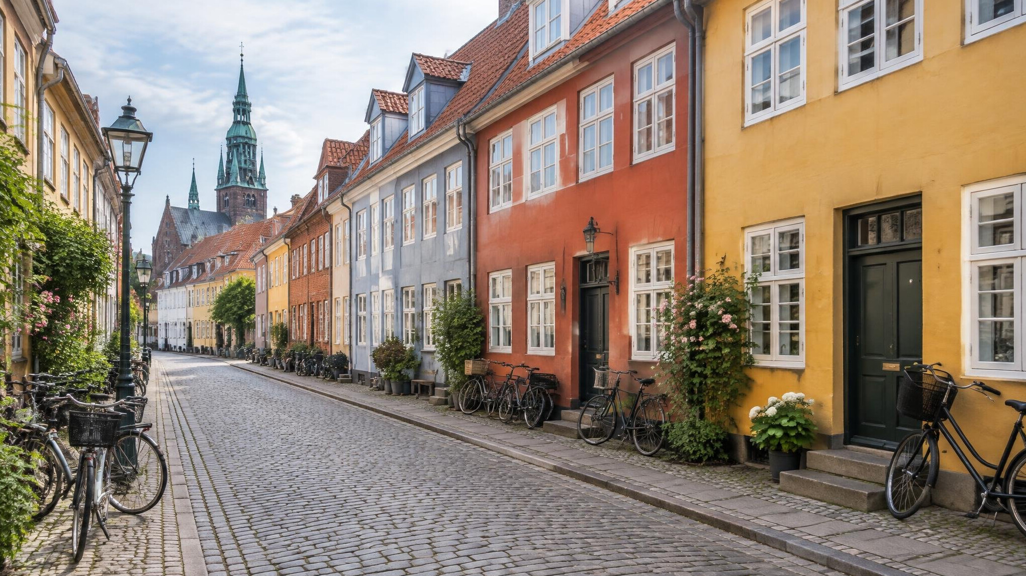 Street view of a historic Danish town with bicycles